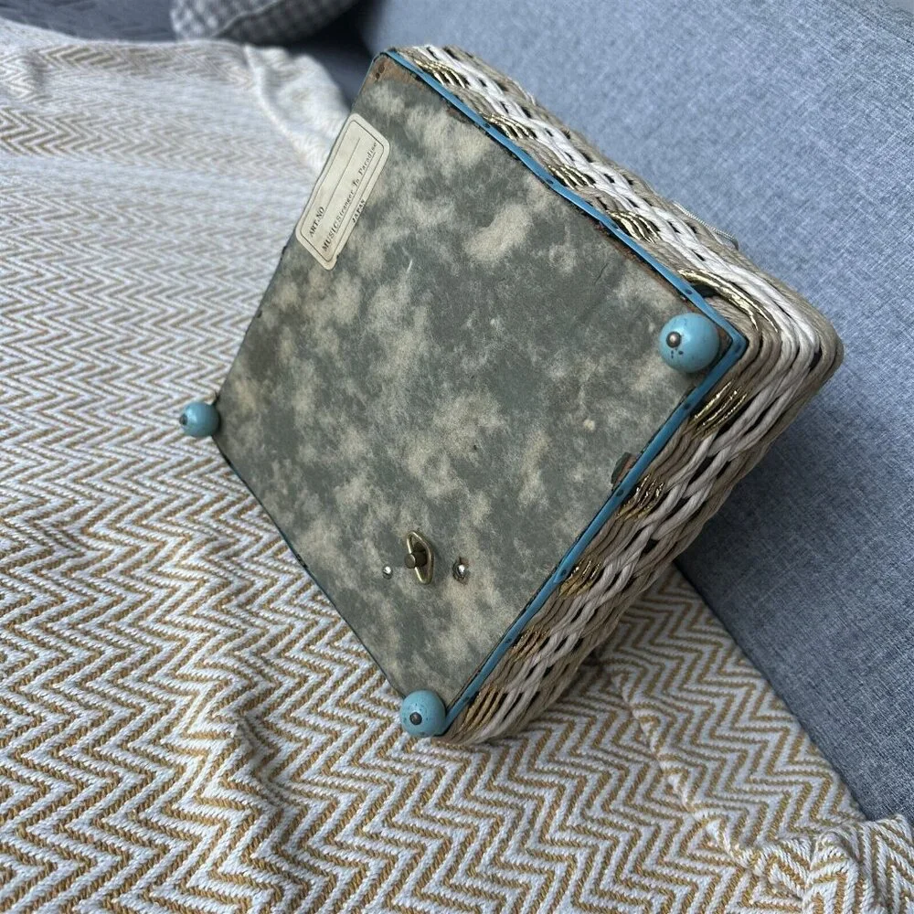 Vintage Sewing Basket Musical 1950's Vintage Wicker Craft Container Blue Gold